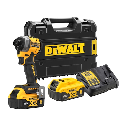 DEWALT 18V XR impact driver kit with two batteries, charger, and carrying case.