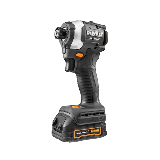 A DEWALT cordless impact driver with a black and silver body, orange accents, and visible branding including 'McLaren'. The tool is standing upright on a white background.