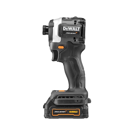 A DEWALT McLaren edition cordless impact driver with a black and silver body, orange accents, and a lithium-ion battery, shown against a white background.