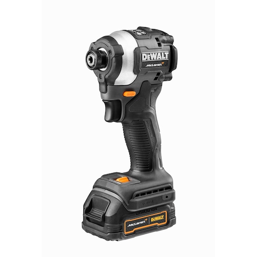 A DEWALT cordless impact driver with McLaren branding, featuring a black and silver body, ergonomic grip, and lithium-ion battery on the base.