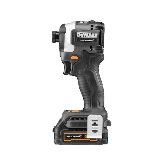 A DEWALT McLaren branded cordless brushless impact driver, shown upright against a white background. The tool features a black and silver body with orange details, and a lithium-ion battery at the base.