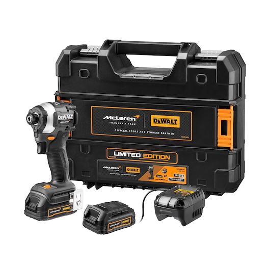 DEWALT limited edition McLaren-branded tool kit, including a cordless impact driver, two batteries, battery charger, and a black and orange carrying case with McLaren and DEWALT logos.
