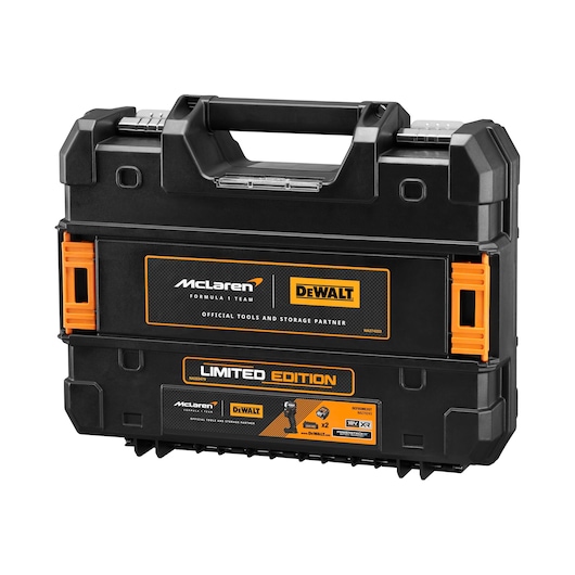 Limited edition DEWALT McLaren tool storage box, black with orange accents and handle.