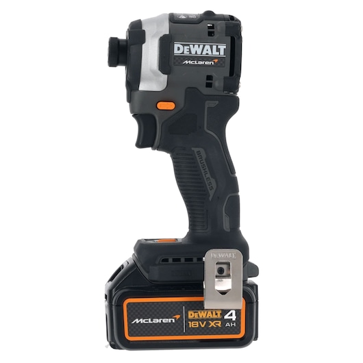 DEWALT McLaren 18V XR cordless impact driver with a brushless motor and 4Ah battery, black and orange design.