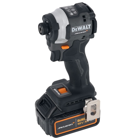 DEWALT McLaren cordless impact driver with 18V battery, black and silver, and orange accents.