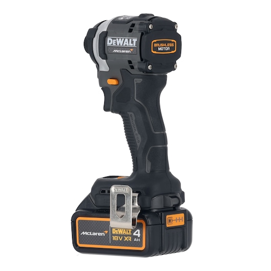 DEWALT 18V XR cordless impact driver with brushless motor and McLaren branding, shown upright.