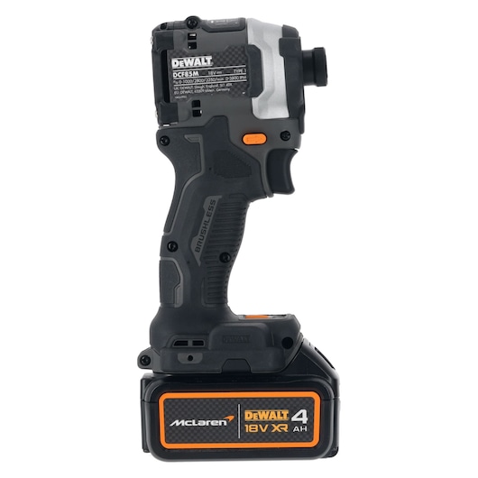 DEWALT DCF85MM2T cordless impact driver with McLaren branding and 18V XR 4Ah battery.