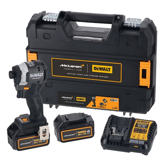 DEWALT McLaren tool set with impact driver, two batteries, charger, and black carrying case.