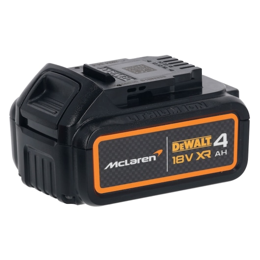 DEWALT 18V XR 4 Ah lithium-ion battery with McLaren branding, black with orange and yellow details.