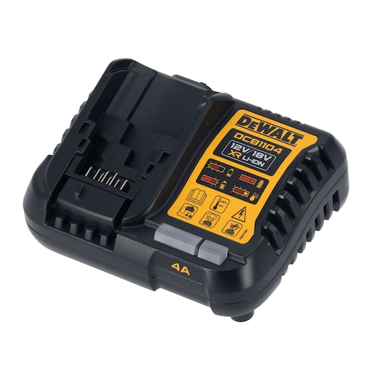 DEWALT DCB1104 charger for 12V/18V XR Li-Ion batteries. Black and yellow with indicator lights and icons.
