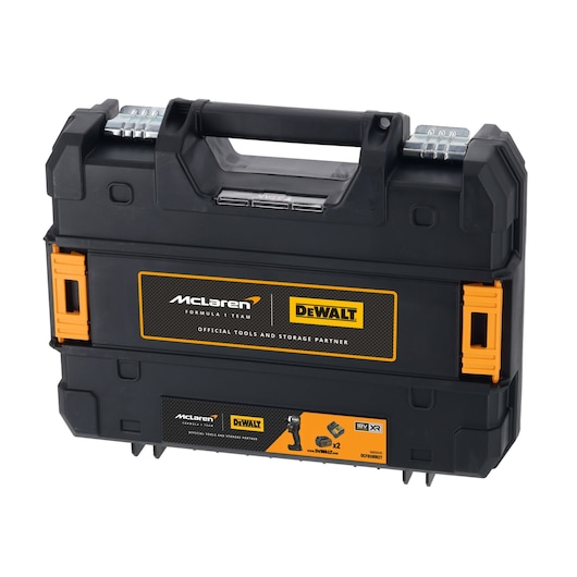 Black DEWALT toolbox with McLaren branding, orange accents, sturdy handle and metal latches, closed.