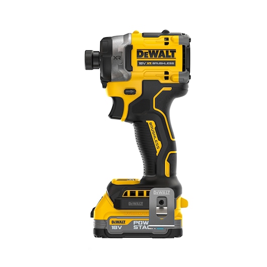 DEWALT 18V XR brushless impact driver with battery, yellow and black body, side view.