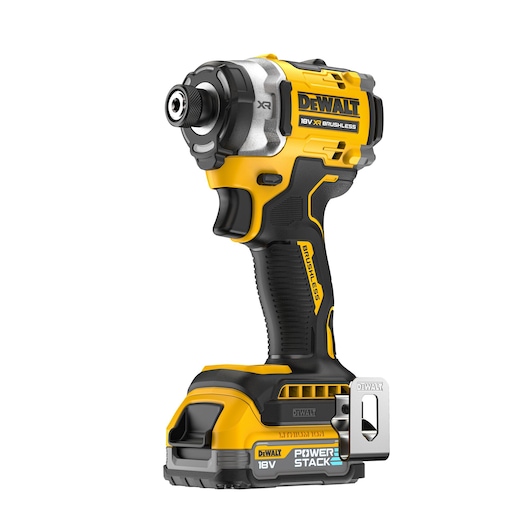 DEWALT 18V cordless impact driver with yellow and black design, Powerstack battery, and brushless motor.
