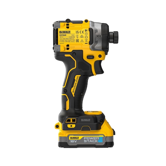 DEWALT DCF860E2T 18V cordless impact driver with Powerstack battery, brushless motor, shown from the side.