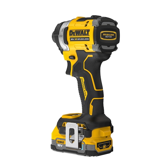 DEWALT 18V cordless brushless impact driver standing upright on a white background.