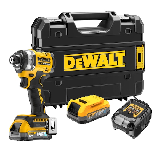 DEWALT cordless impact driver kit with carrying case, battery, and charger, all in black and yellow design.