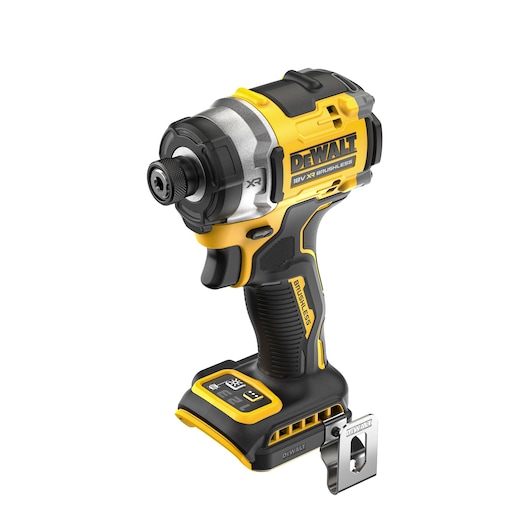 DEWALT DCF860NT cordless impact driver in yellow and black, standing upright without a battery.