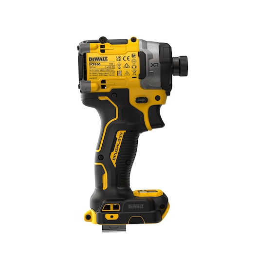 DEWALT DCF860NT cordless brushless impact driver side view on white background.