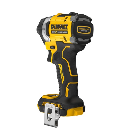 DEWALT 18V XR brushless cordless impact driver with black and yellow design and metal belt clip.