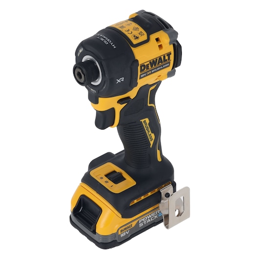 DEWALT 18V cordless impact driver, yellow and black, POWERSTACK battery, brushless motor.