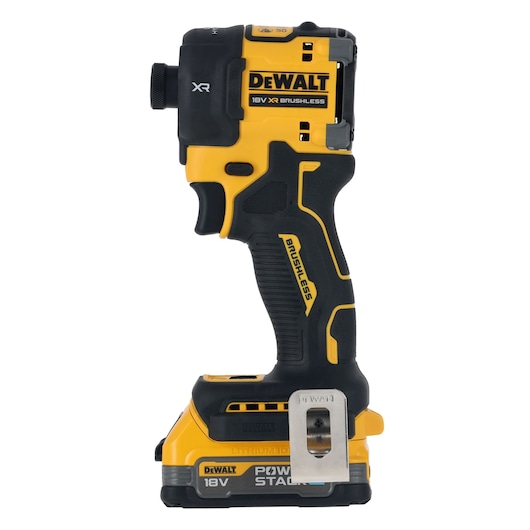 DEWALT 18V XR Brushless impact wrench in yellow and black with lithium battery and belt clip.