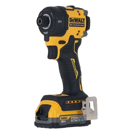 DEWALT 18V XR brushless impact driver with POWERSTACK battery, yellow and black, shown from the side.