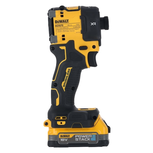 DEWALT DCF870E2T 18V cordless impact wrench, brushless motor, shown with Powerstack battery.
