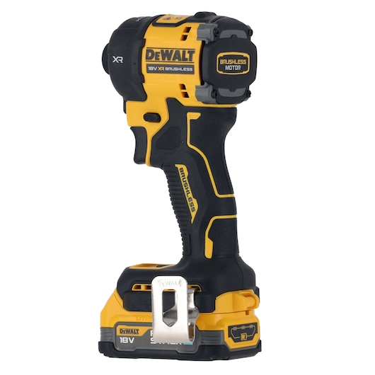 DEWALT 18V XR brushless impact wrench with yellow and black design, compact and cordless.
