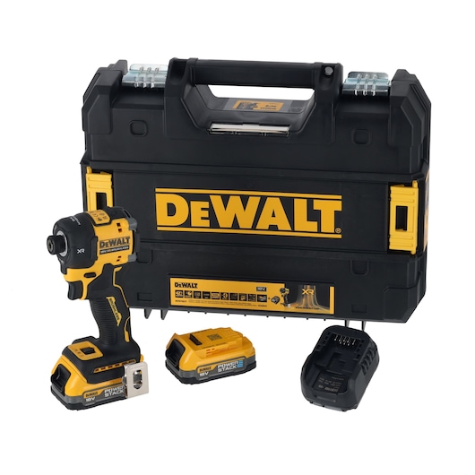 DEWALT cordless impact driver kit with case, two batteries, and a charger displayed on a white background.