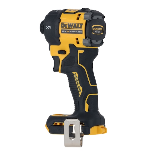 DEWALT 18V XR Brushless impact wrench, black and yellow, shown side view with clip attachment, no battery.