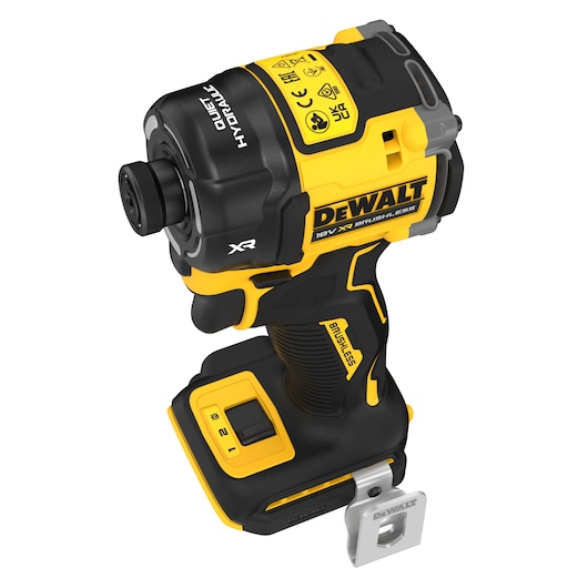 DEWALT DCF870NT 18V cordless impact driver with brushless motor, black and yellow, shown from above.