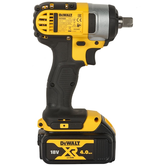 DEWALT DCF880M2 18V XR lithium impact wrench with battery, shown in yellow and black.