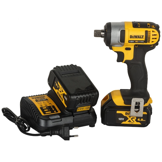 DEWALT 18V cordless impact wrench with battery and charger set, black and yellow.