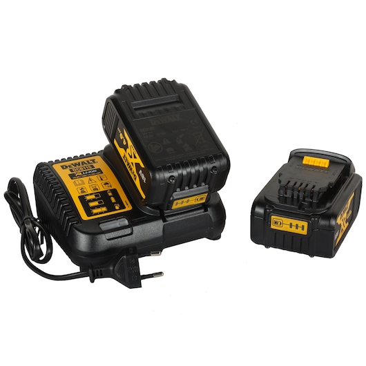 DEWALT charger and two Li-ion batteries with yellow labels, power tool accessories on white background.