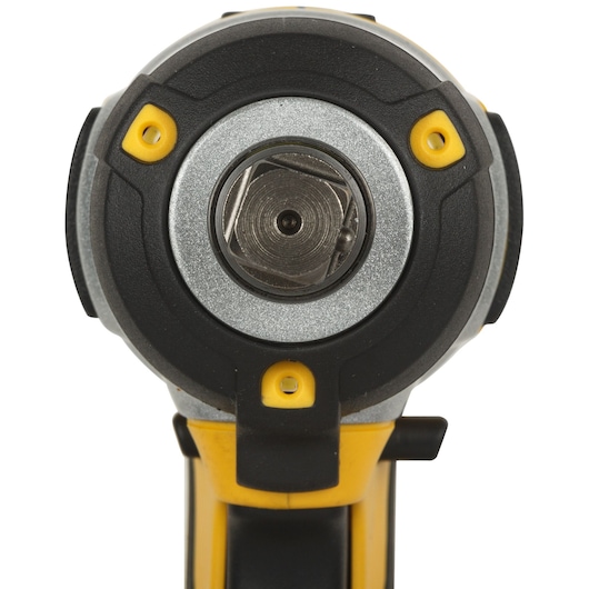Close-up of the front of a DEWALT cordless impact wrench, showing the metallic drive and yellow details.