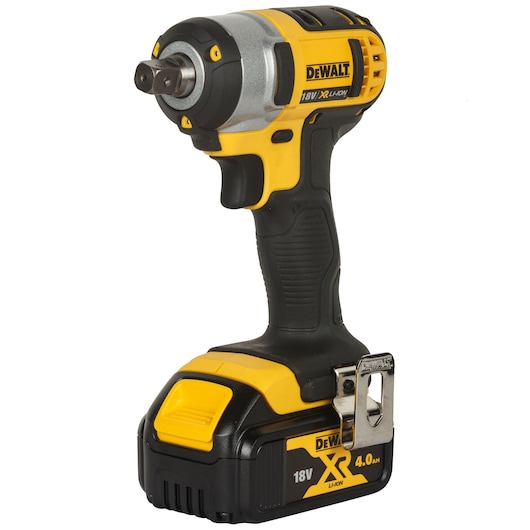 DEWALT 18V cordless impact wrench with black and yellow body, lithium-ion battery, shown upright.