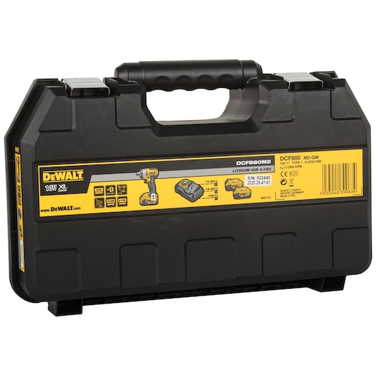 DEWALT DCF880M2-QW 18V tool kit case, black with yellow label showing specs and contents.
