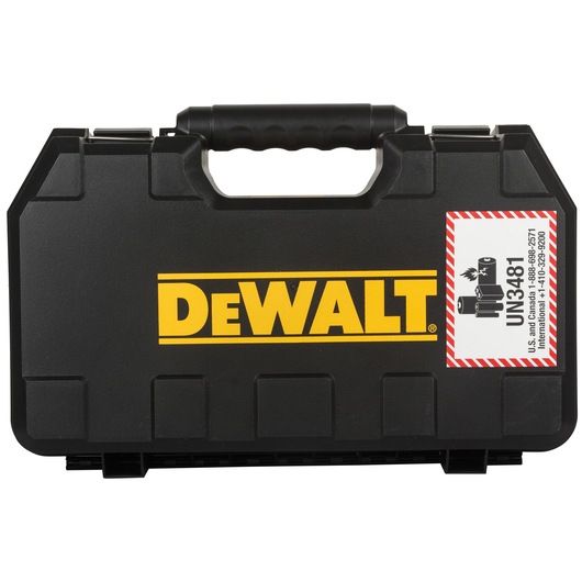 Black DEWALT carrying case with handle and UN3481 battery hazard label on the front.