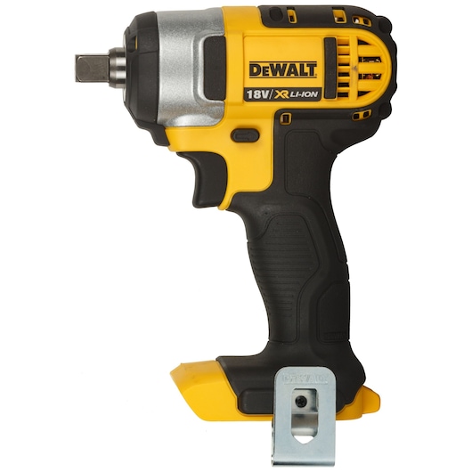 DEWALT 18V cordless impact wrench, yellow and black, shown without battery, side view.