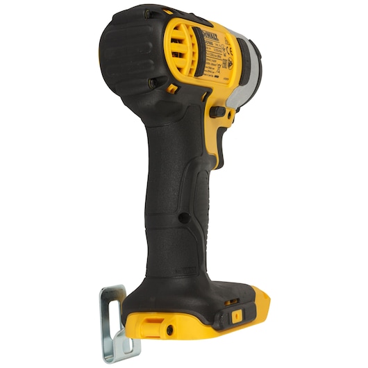 DEWALT cordless impact wrench, yellow and black, side view, no battery attached.