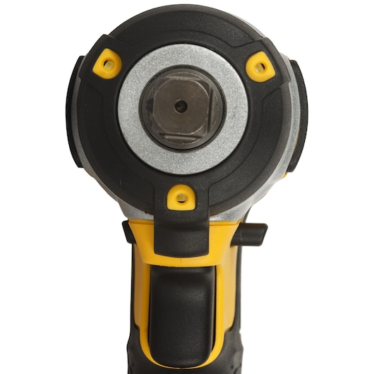 Front view of a DEWALT cordless impact wrench, showing the square drive and yellow-black handle.