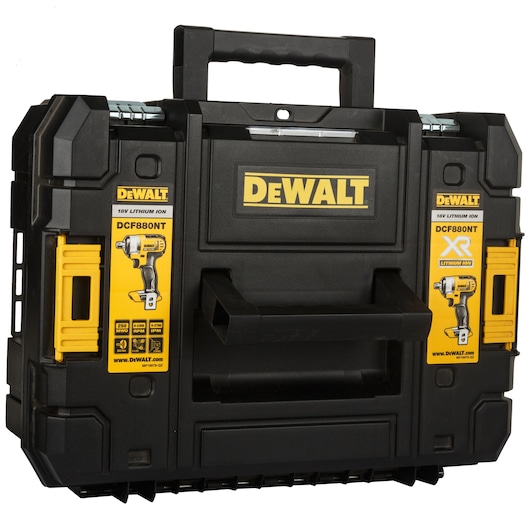 DEWALT DCF880NT-XJ black tool case with yellow labels and handle, shown closed.