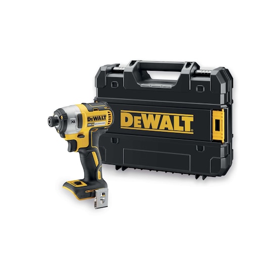 DEWALT cordless impact driver with black and yellow hard carrying case, model DCF887NT.