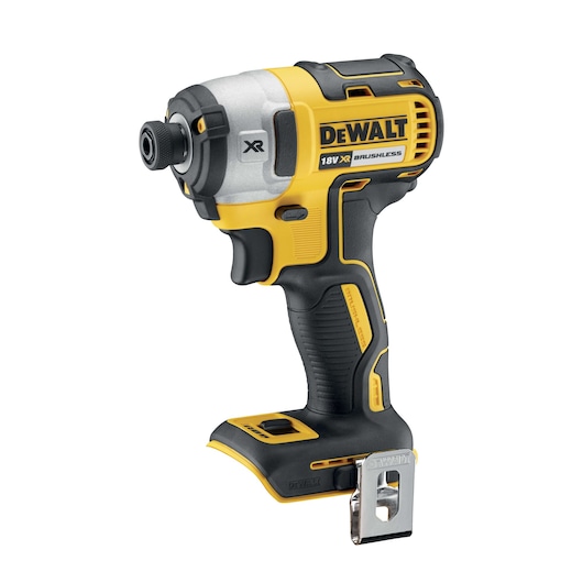 A DEWALT 18V XR brushless cordless impact driver, shown without battery, featuring a yellow and black design with a metal belt clip on the base.