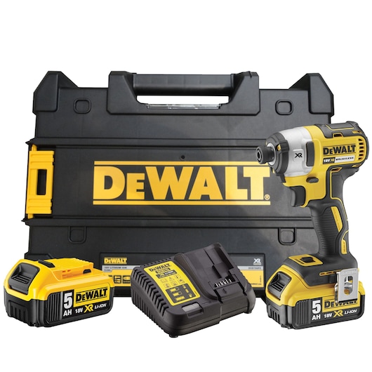 DEWALT cordless impact driver kit with case, 18V batteries and charger shown.