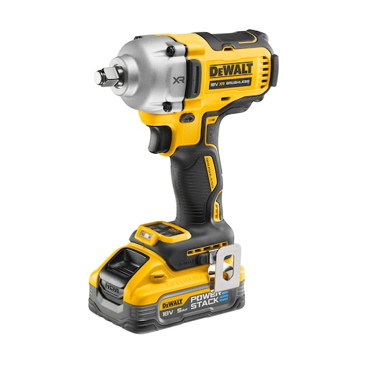 A DEWALT DCF891H2T 18V XR brushless cordless impact wrench with a POWERSTACK battery, featuring a yellow and black design.