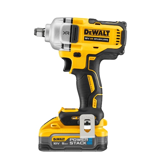 A DEWALT DCF891H2T 18V XR brushless cordless impact wrench with Power Stack 5Ah battery, shown upright on a white background.