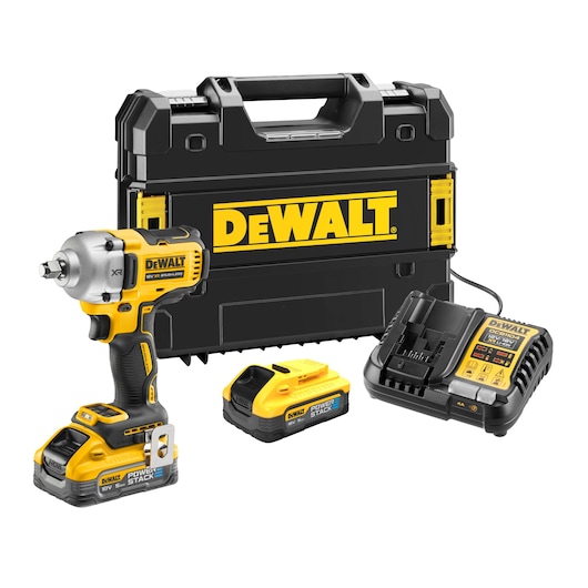 A DEWALT cordless impact wrench kit including the impact wrench tool, a carrying case, two POWERSTACK 18V batteries, and a battery charger, all displayed together on a white background.