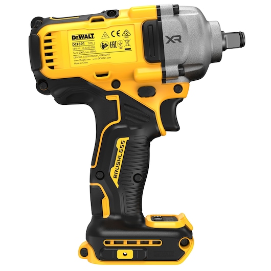 Cordless DEWALT impact wrench DCF891NT, yellow and black, compact brushless tool for fastening or loosening.