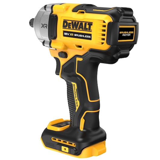 DEWALT 18V XR brushless impact wrench shown in yellow and black with ergonomic grip.